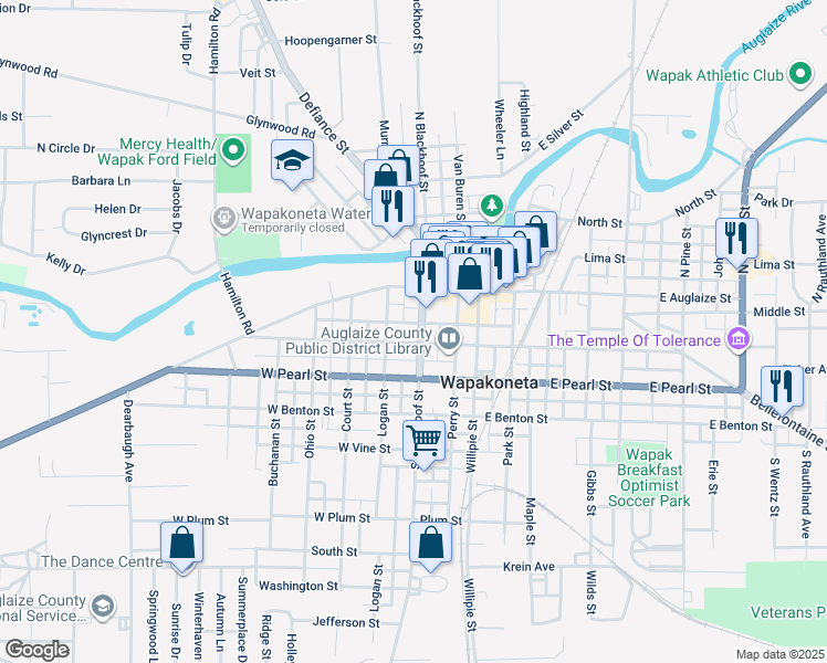 map of restaurants, bars, coffee shops, grocery stores, and more near 103 South Blackhoof Street in Wapakoneta