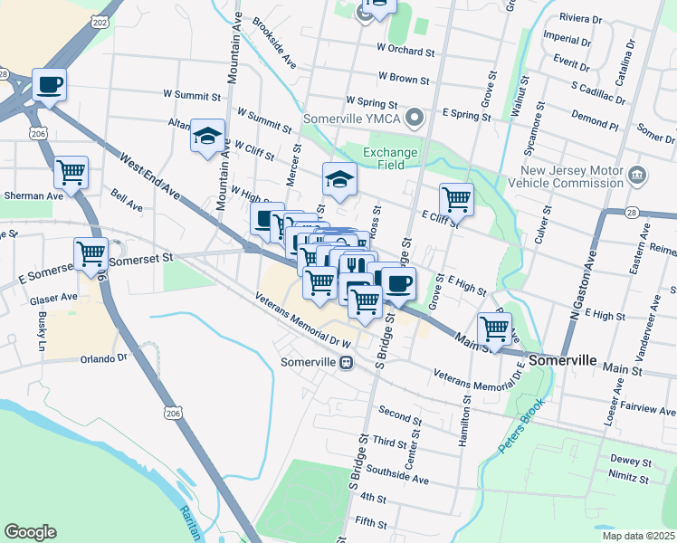 map of restaurants, bars, coffee shops, grocery stores, and more near 87 West Main Street in Somerville