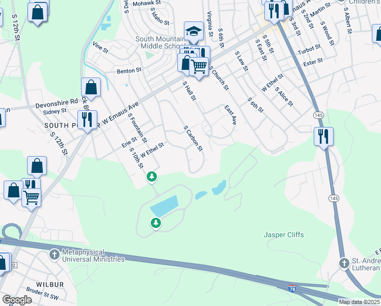 map of restaurants, bars, coffee shops, grocery stores, and more near 2510 South Lumber Street in Allentown