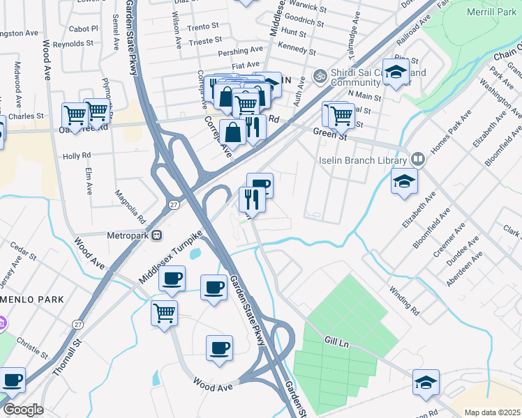 map of restaurants, bars, coffee shops, grocery stores, and more near 37 Gill Lane in Woodbridge Township