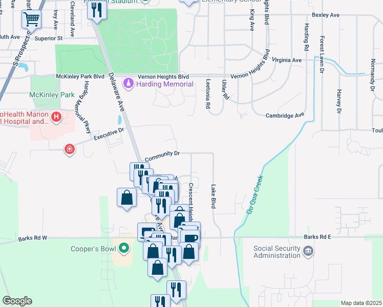 map of restaurants, bars, coffee shops, grocery stores, and more near 1101 Crescent Heights Road in Marion