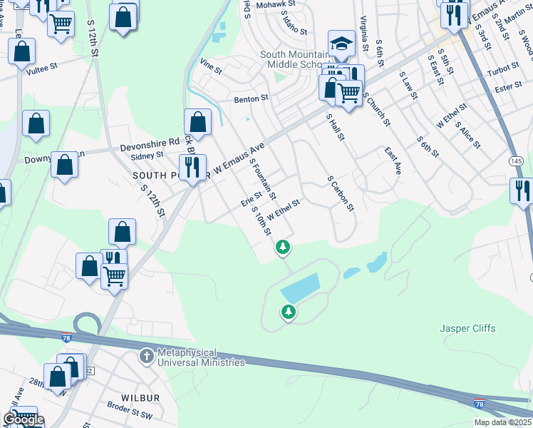 map of restaurants, bars, coffee shops, grocery stores, and more near 953 West Ethel Street in Allentown