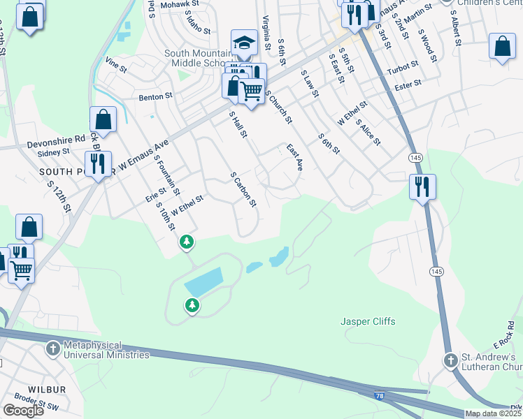 map of restaurants, bars, coffee shops, grocery stores, and more near 2531 South Carbon Street in Allentown