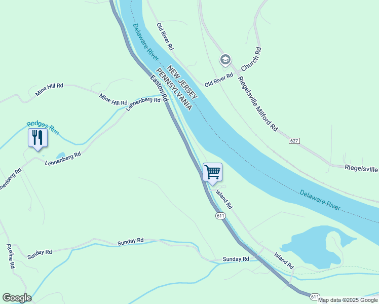 map of restaurants, bars, coffee shops, grocery stores, and more near 1890 Easton Road in Kintnersville