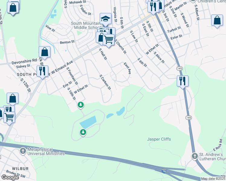 map of restaurants, bars, coffee shops, grocery stores, and more near 2531 South Carbon Street in Allentown
