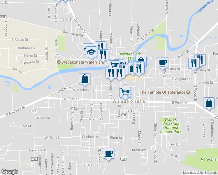 map of restaurants, bars, coffee shops, grocery stores, and more near 103 South Blackhoof Street in Wapakoneta
