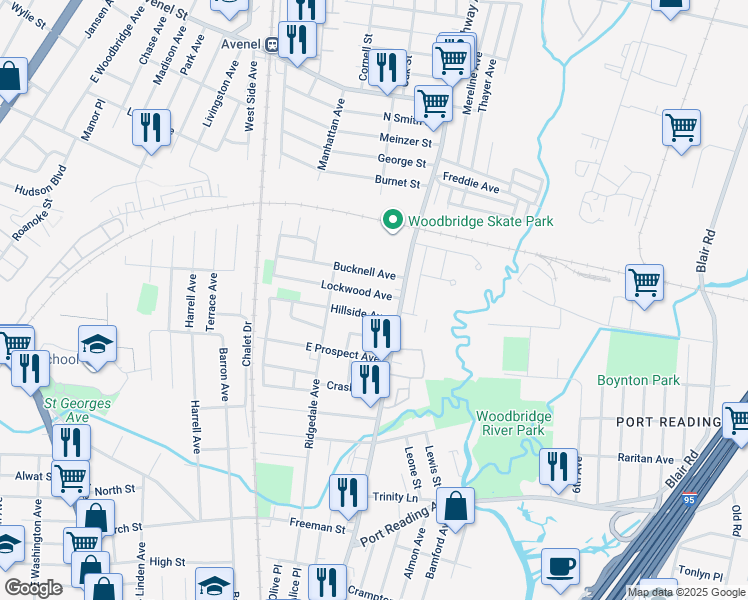 map of restaurants, bars, coffee shops, grocery stores, and more near 81 Lockwood Avenue in Woodbridge Township