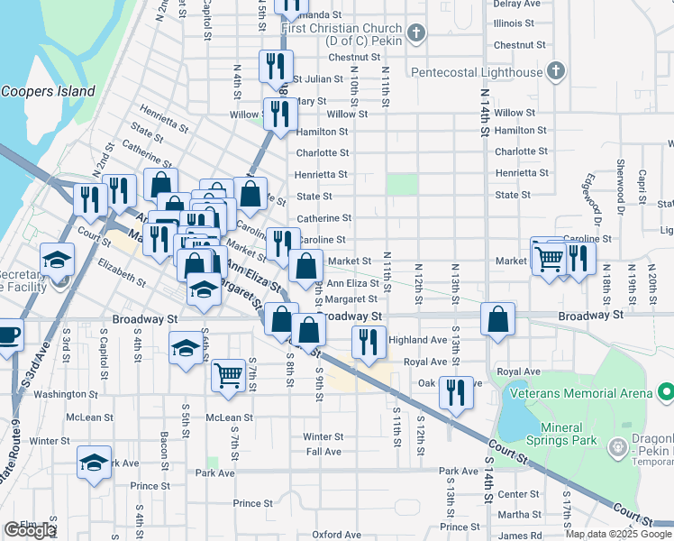map of restaurants, bars, coffee shops, grocery stores, and more near 915 Ann Eliza St in Pekin