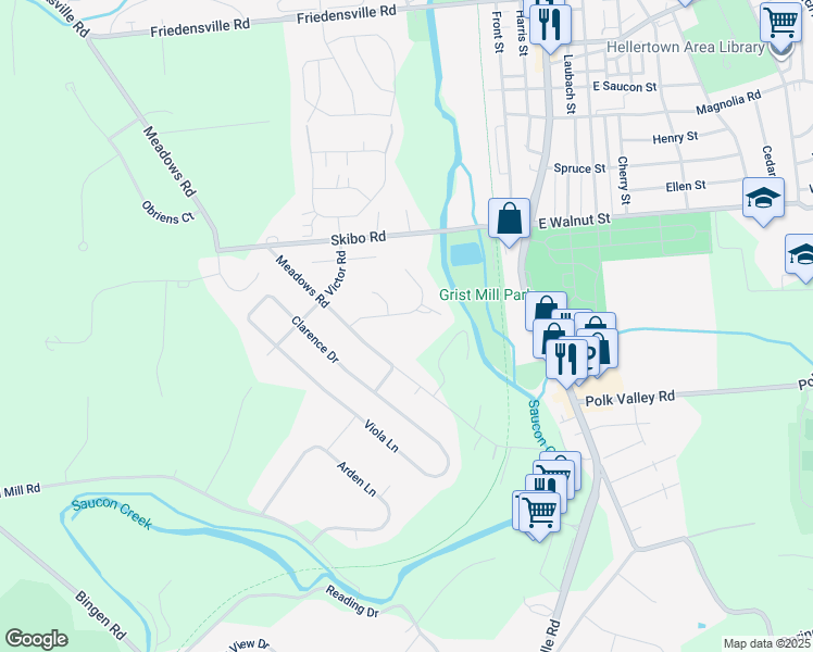map of restaurants, bars, coffee shops, grocery stores, and more near 1878 Mill Run Court in Hellertown