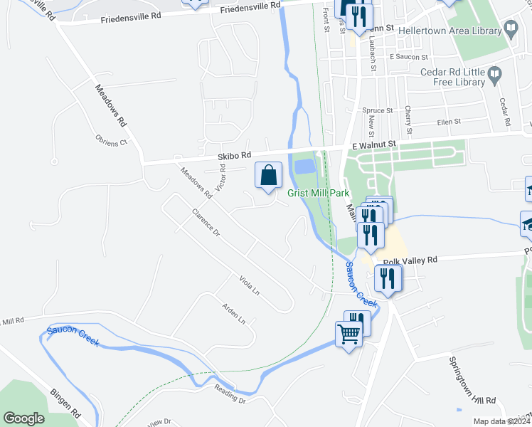 map of restaurants, bars, coffee shops, grocery stores, and more near 1878 Mill Run Court in Hellertown