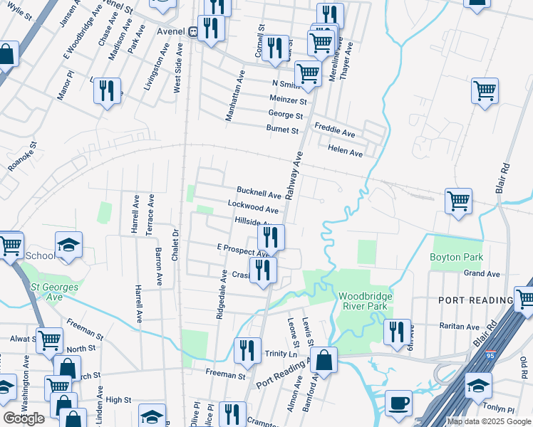 map of restaurants, bars, coffee shops, grocery stores, and more near 81 Lockwood Avenue in Woodbridge Township