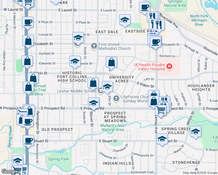 map of restaurants, bars, coffee shops, grocery stores, and more near 816 East Lake Street in Fort Collins