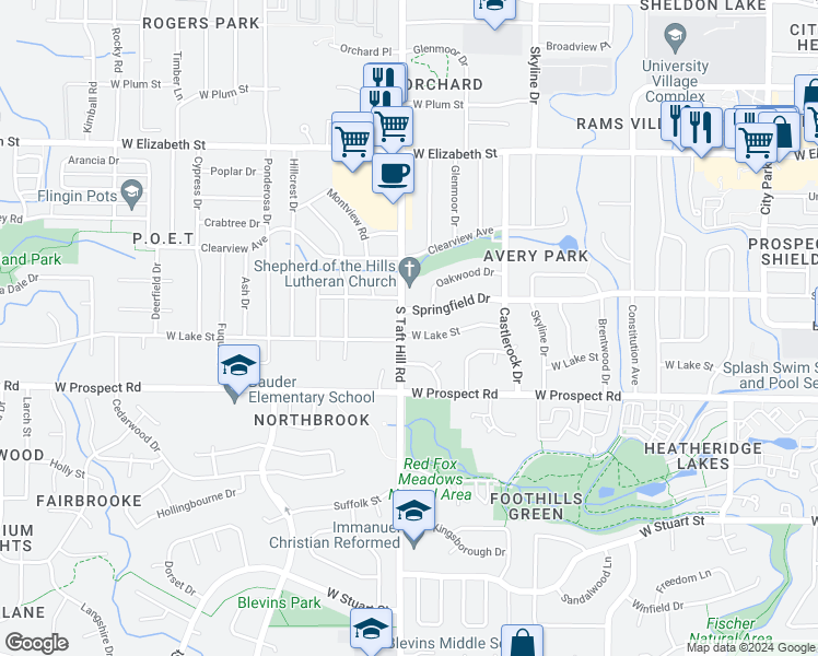 map of restaurants, bars, coffee shops, grocery stores, and more near 1551 South Taft Hill Road in Fort Collins