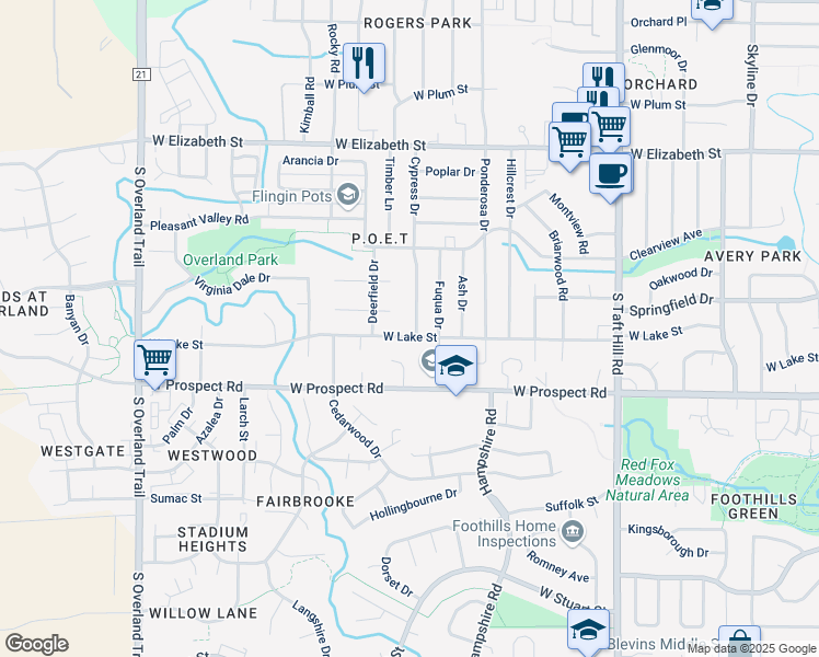 map of restaurants, bars, coffee shops, grocery stores, and more near 2425 West Lake Street in Fort Collins