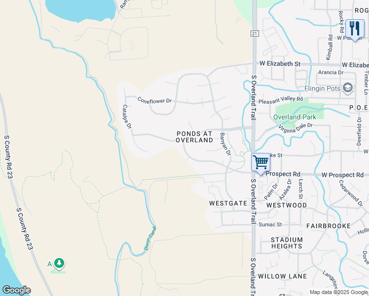 map of restaurants, bars, coffee shops, grocery stores, and more near 3402 West Prospect Road in Fort Collins