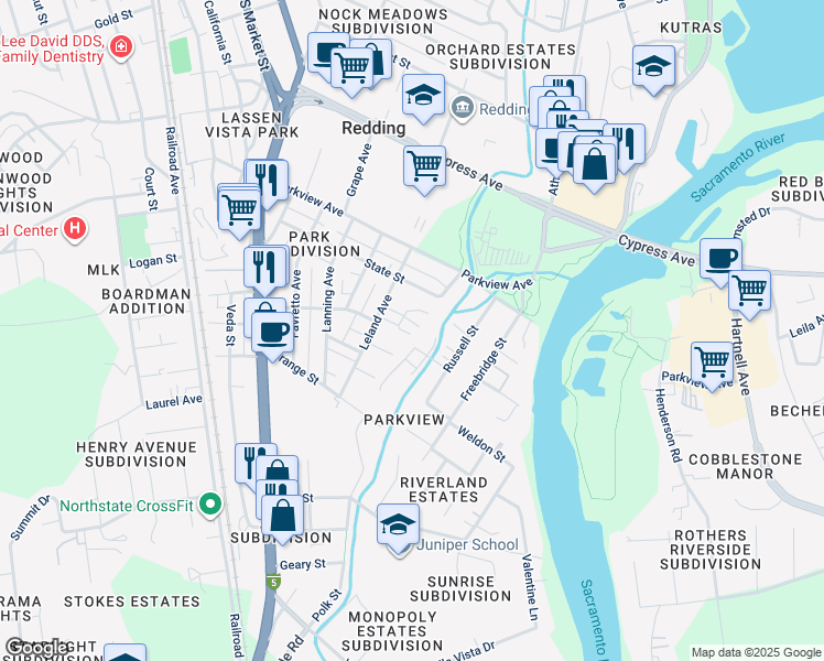 map of restaurants, bars, coffee shops, grocery stores, and more near 703 Leland Court in Redding