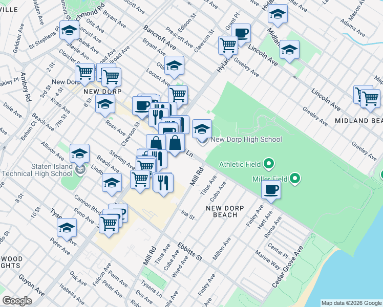 map of restaurants, bars, coffee shops, grocery stores, and more near 450 New Dorp Lane in Staten Island