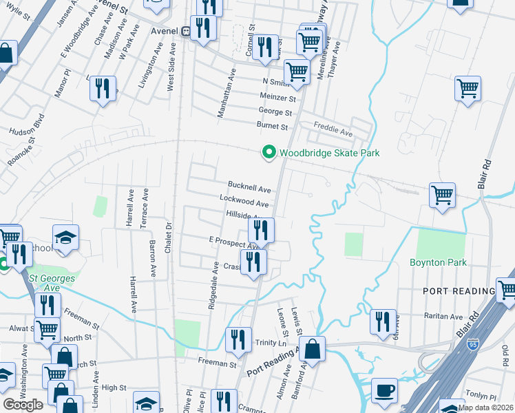 map of restaurants, bars, coffee shops, grocery stores, and more near 8 Hillside Avenue in Woodbridge Township