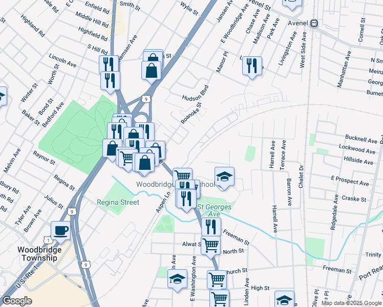 map of restaurants, bars, coffee shops, grocery stores, and more near 24 Walter Drive in Woodbridge Township