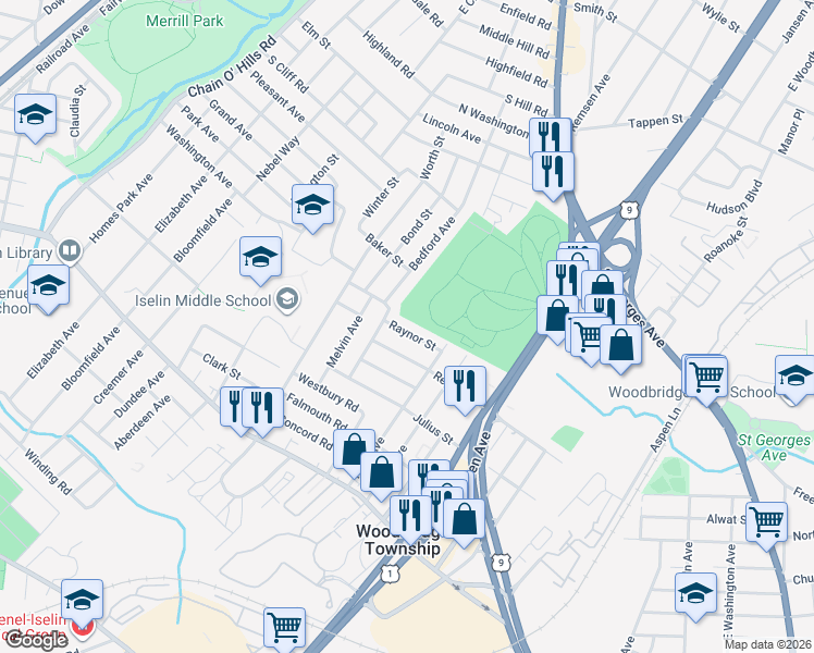 map of restaurants, bars, coffee shops, grocery stores, and more near 218 Regina Street in Woodbridge Township