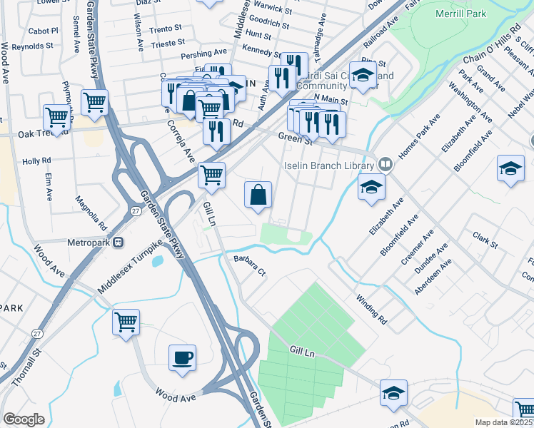 map of restaurants, bars, coffee shops, grocery stores, and more near 55 Indiana Avenue in Woodbridge Township