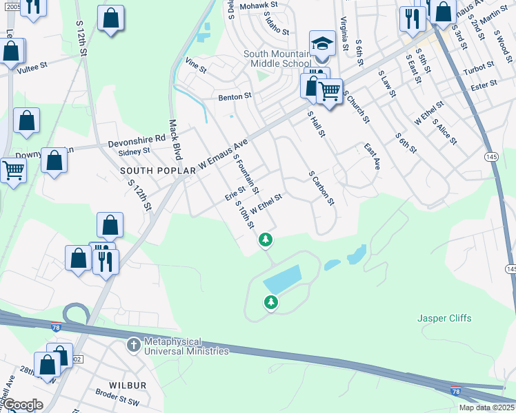 map of restaurants, bars, coffee shops, grocery stores, and more near 2448 South Fountain Street in Allentown