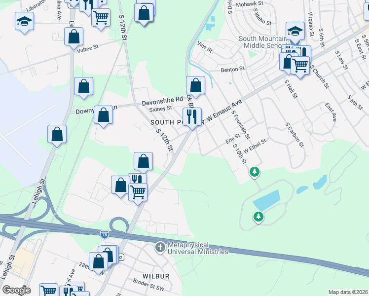 map of restaurants, bars, coffee shops, grocery stores, and more near 1148 West Emaus Avenue in Allentown