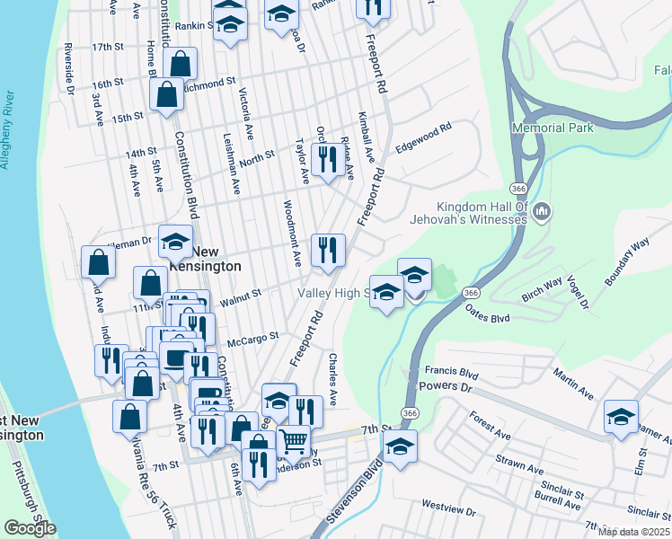 map of restaurants, bars, coffee shops, grocery stores, and more near 413 Charles Avenue in New Kensington