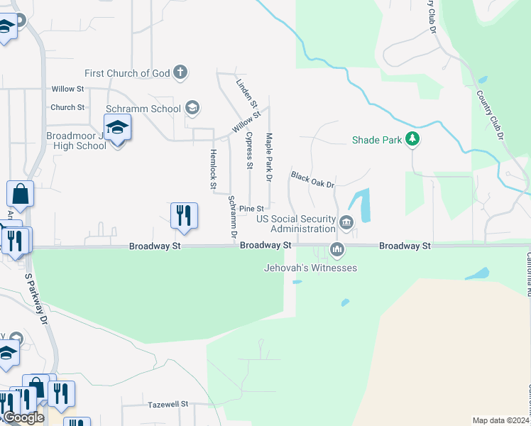 map of restaurants, bars, coffee shops, grocery stores, and more near 2702 Pine Street in Pekin