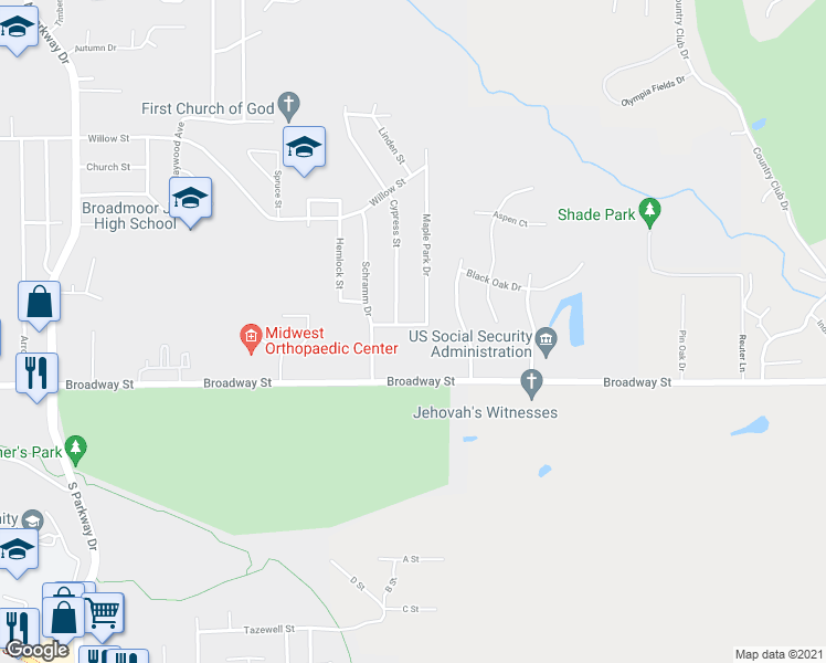 map of restaurants, bars, coffee shops, grocery stores, and more near 2702 Pine Street in Pekin
