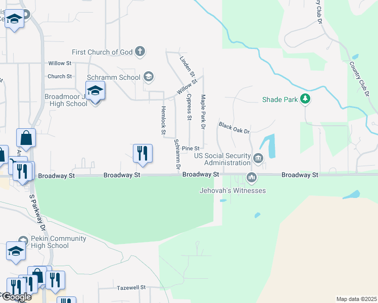 map of restaurants, bars, coffee shops, grocery stores, and more near 2702 Pine Street in Pekin