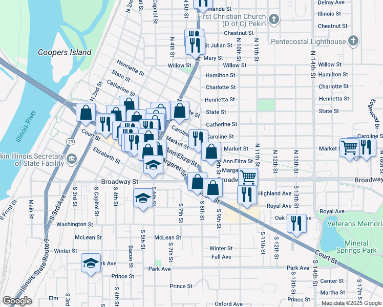 map of restaurants, bars, coffee shops, grocery stores, and more near 701 Ann Eliza Street in Pekin