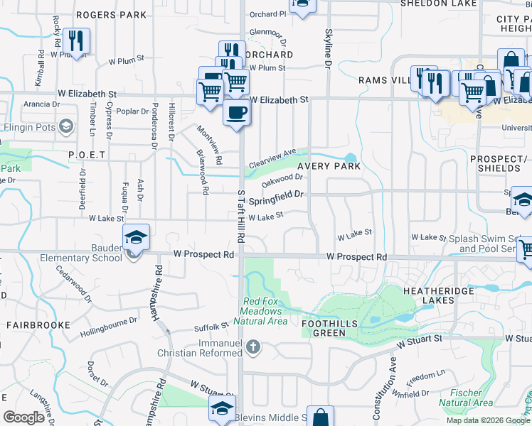 map of restaurants, bars, coffee shops, grocery stores, and more near 2005 West Lake Street in Fort Collins