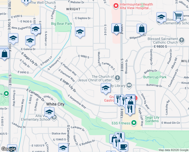 map of restaurants, bars, coffee shops, grocery stores, and more near 1162 Electra Lane in Sandy