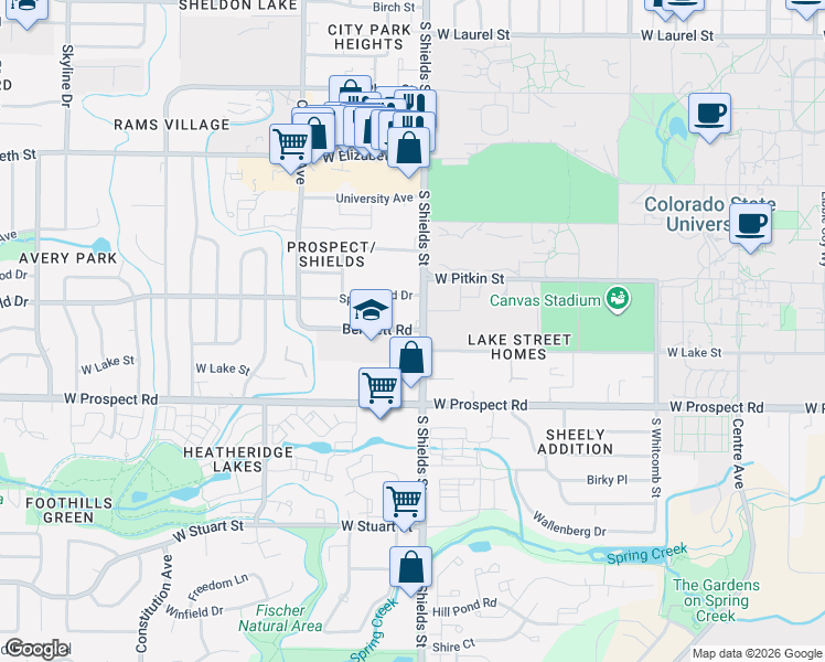map of restaurants, bars, coffee shops, grocery stores, and more near in Fort Collins