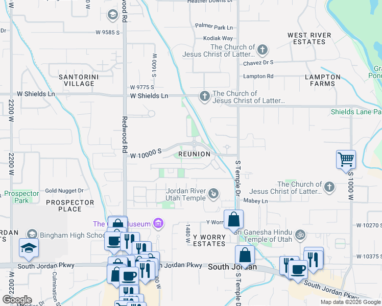 map of restaurants, bars, coffee shops, grocery stores, and more near 1467 Green Apple Street in South Jordan