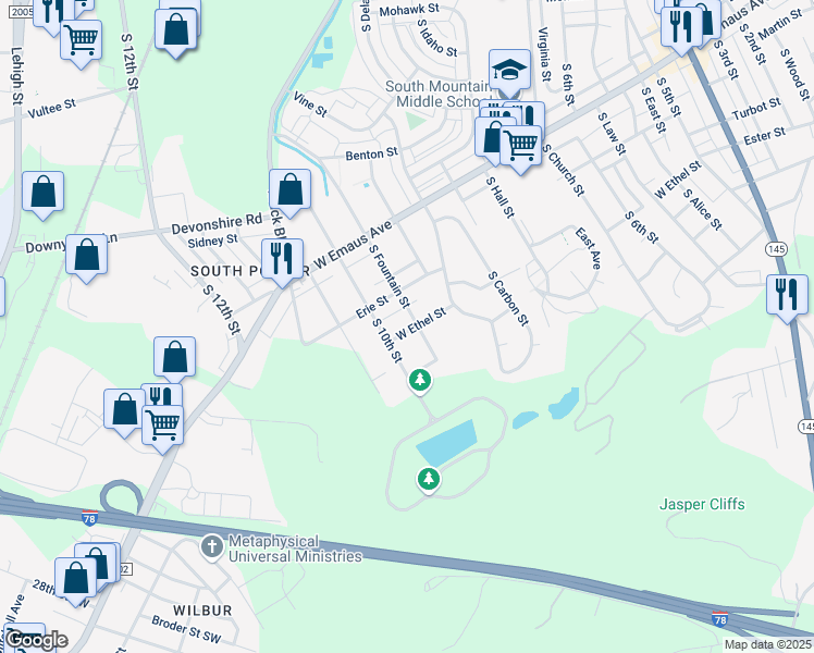 map of restaurants, bars, coffee shops, grocery stores, and more near 2448 South Fountain Street in Allentown