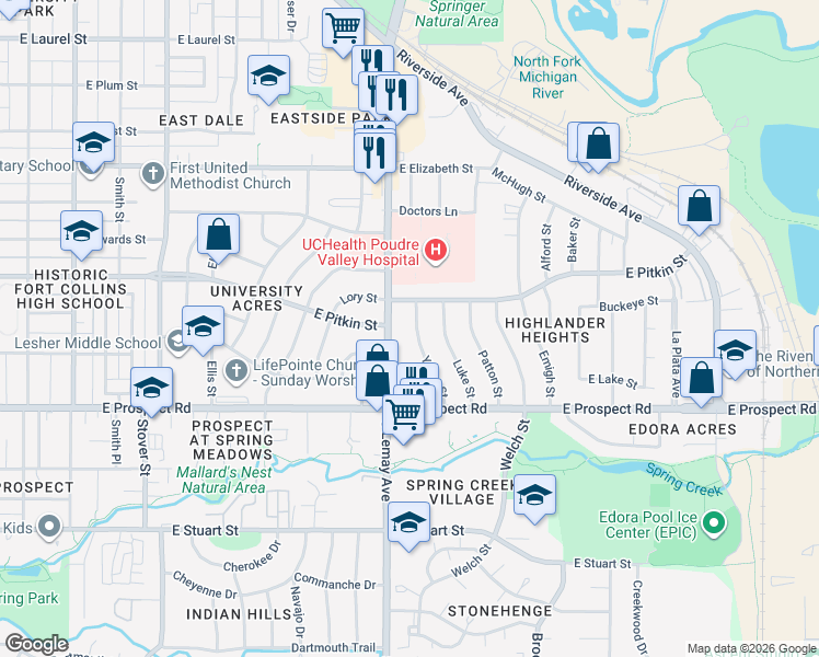 map of restaurants, bars, coffee shops, grocery stores, and more near 1321 Yount Street in Fort Collins