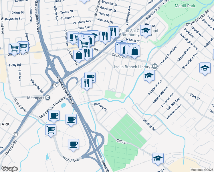map of restaurants, bars, coffee shops, grocery stores, and more near 55 Indiana Avenue in Woodbridge Township