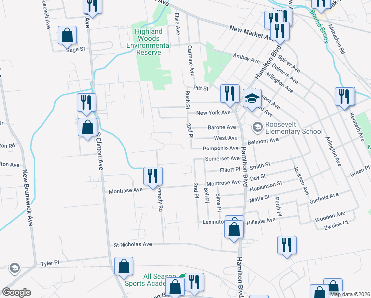 map of restaurants, bars, coffee shops, grocery stores, and more near 1 Calderone Court in South Plainfield