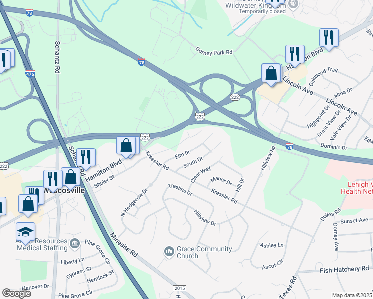 map of restaurants, bars, coffee shops, grocery stores, and more near 4375 Elm Drive in Allentown