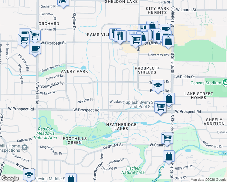 map of restaurants, bars, coffee shops, grocery stores, and more near 1352 South Bryan Avenue in Fort Collins