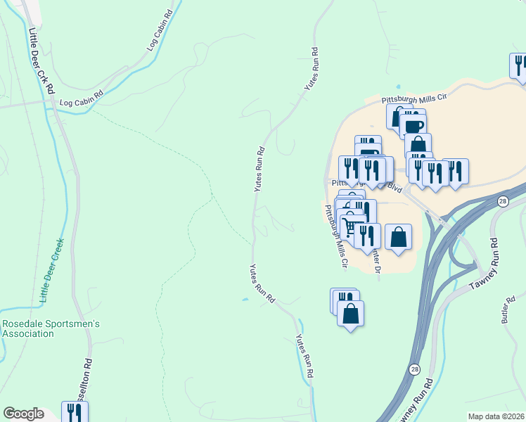 map of restaurants, bars, coffee shops, grocery stores, and more near 1263 Yutes Run Road in Tarentum