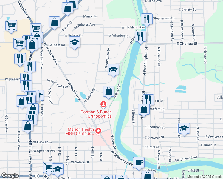 map of restaurants, bars, coffee shops, grocery stores, and more near 513 West Buckingham Drive in Marion