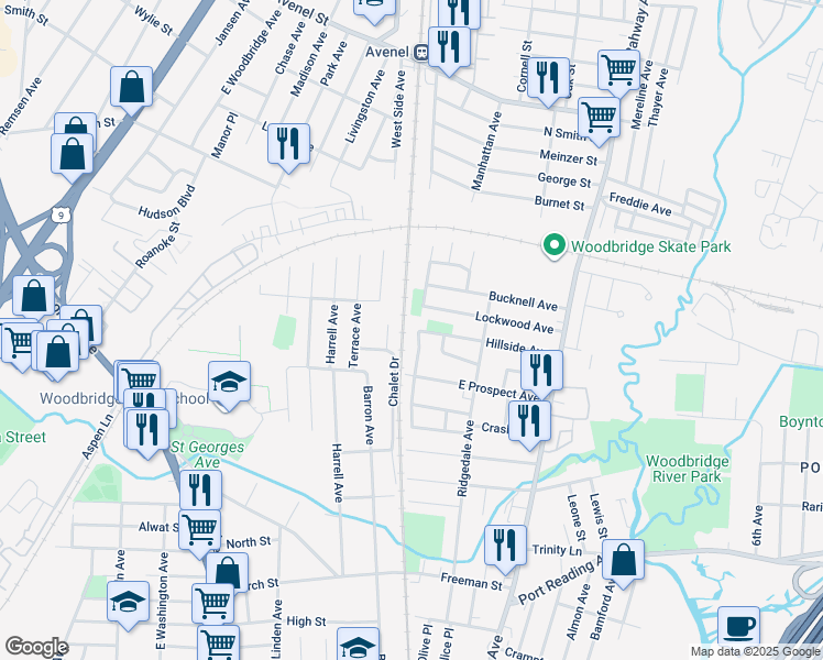 map of restaurants, bars, coffee shops, grocery stores, and more near 181 Rutherford Avenue in Woodbridge Township