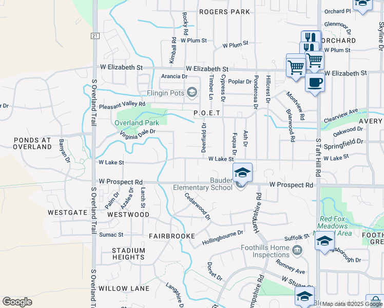 map of restaurants, bars, coffee shops, grocery stores, and more near 2624 West Lake Street in Fort Collins