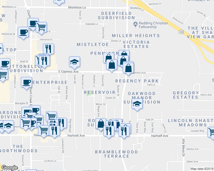 map of restaurants, bars, coffee shops, grocery stores, and more near 2601 Oxford Road in Redding