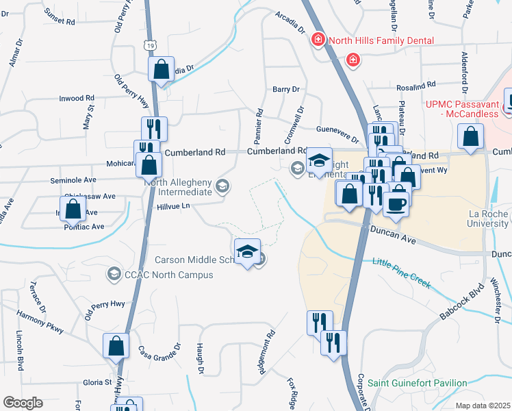 map of restaurants, bars, coffee shops, grocery stores, and more near North Allegheny Ridge Trail in Allegheny County