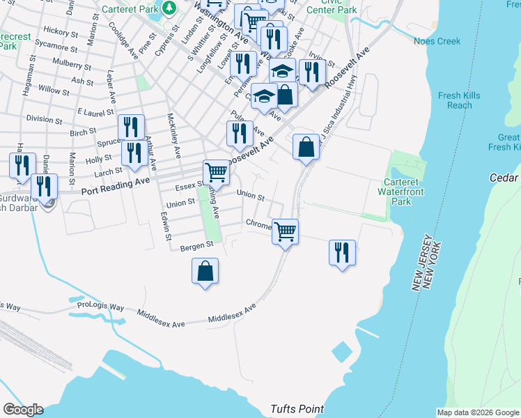 map of restaurants, bars, coffee shops, grocery stores, and more near 50 Chrome Avenue in Carteret