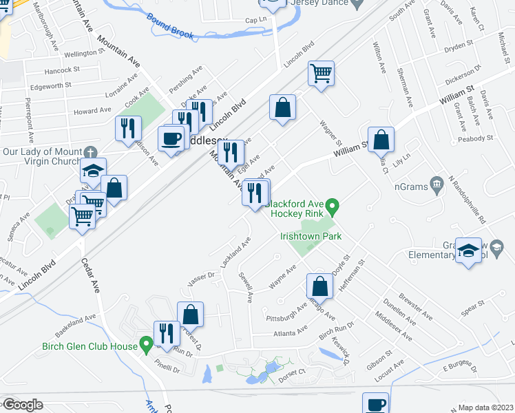 map of restaurants, bars, coffee shops, grocery stores, and more near 7 Mountain Avenue in Piscataway Township